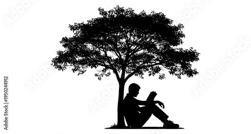 A solitary figure reads a book beneath the shade of a large tree