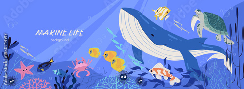 Underwater marine life scene with whale, turtle, tropical fish, crab, starfish and coral reef. Colorful ocean animals swimming in sea background
