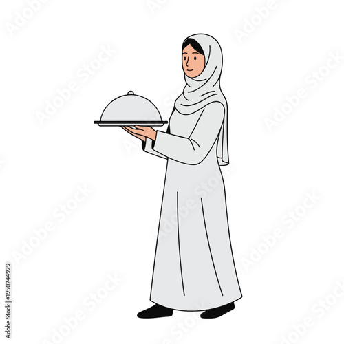 Woman in traditional attire presenting a covered dish on a tray