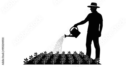 A silhouetted gardener is watering plants in a small garden