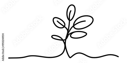 A continuous line drawing of a small sprouting plant with simple leaves reaching for the sunlight