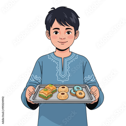 Boy holding tray of sweet pastries and donuts smiling