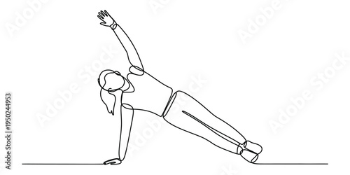 Continuous line drawing of a woman performing a side plank exercise for core strength and fitness