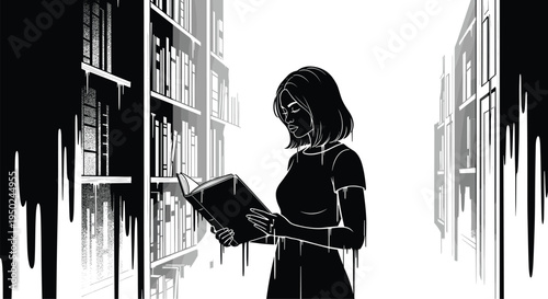 Silhouette girl reading book in library aisle with dripping ink shadows, mysterious noir style urban illustrationSilhouette girl reading book in library aisle with dripping ink shadows, mysterious noi