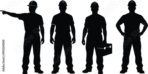 Construction worker silhouettes set, professional builder team with safety helmets and toolbox, industrial labor workforce concept, handyman service workers, black silhouette vector illustration