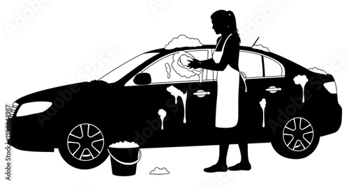 A woman is washing a black car with soap and a bucket outdoors