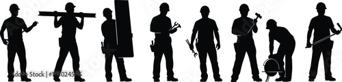 Construction workers silhouettes set, professional builder team with tools, carpentry and repair work, industrial labor workforce, handyman service, black silhouette vector illustration