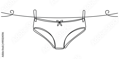 Minimalist single continuous line drawing of a pair of women's underwear hanging on a clothesline