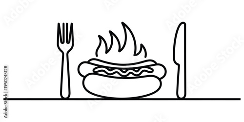 Minimalist line art illustration of a steaming hot dog served with a dinner fork and table knife