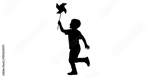 Silhouette of a child running with a pinwheel against a white background