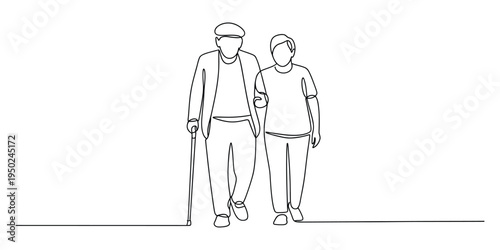 Continuous line drawing of an elderly couple walking together and supporting each other outdoors