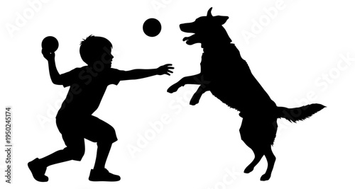A silhouette of a boy and his dog playing fetch with a ball