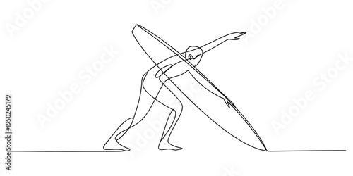 Minimalist continuous line drawing of a person balancing with a long board in a dynamic pose