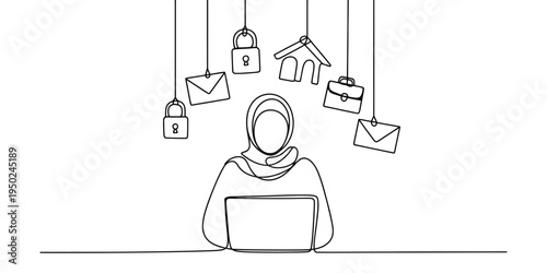 A continuous line drawing of a woman in a hijab working on a laptop with various hanging icons