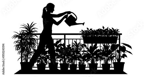 Silhouette of a woman watering plants on a balcony garden scene
