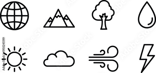 A set of vector line art silhouettes depicting various weather and nature icons in a simple design