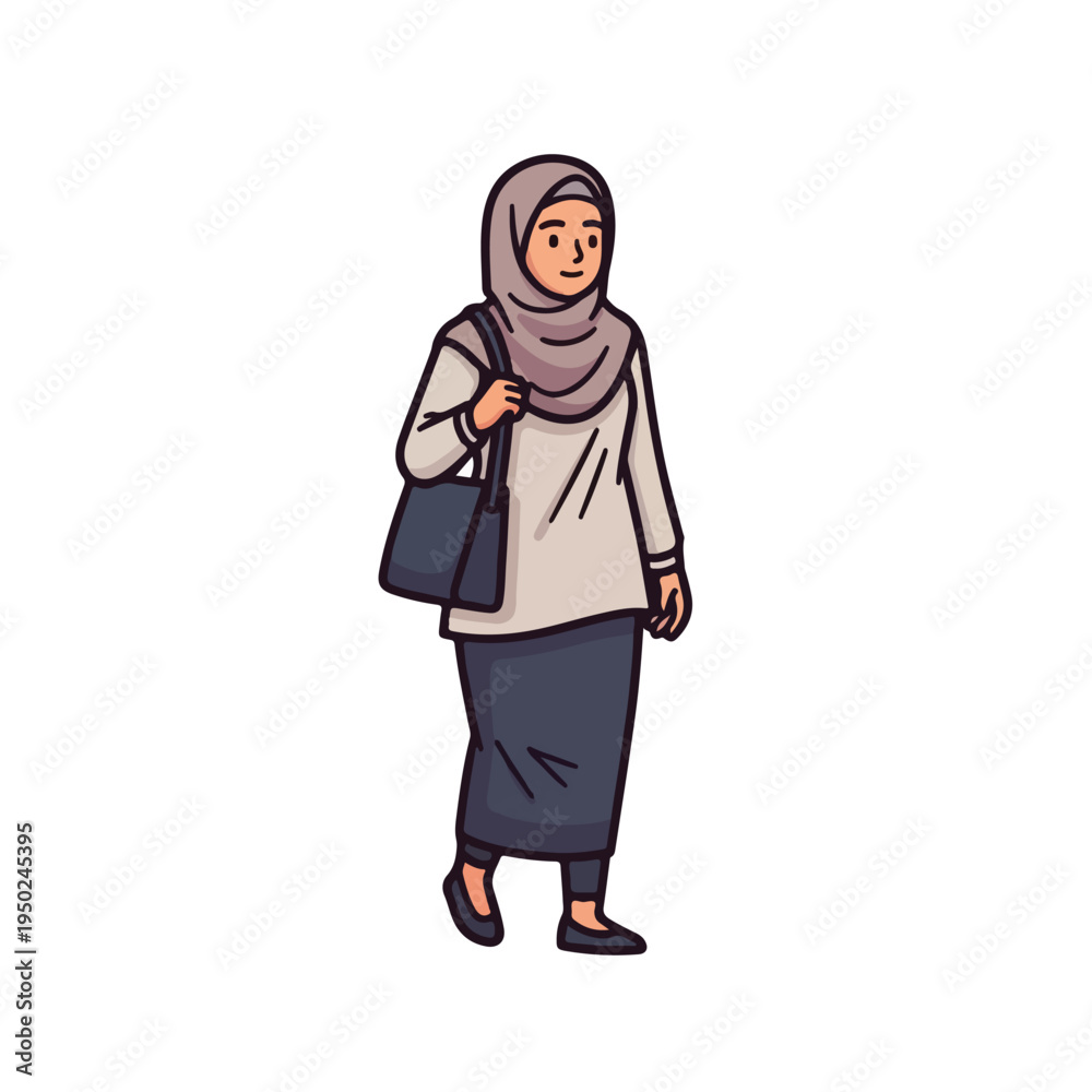 Fototapeta premium Cartoon woman wearing a hijab and carrying a bag