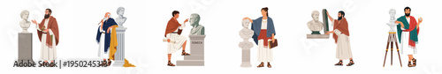 Collection of illustrations depicting ancient Greek and Roman scholars and philosophers interacting with classical marble busts and statues.