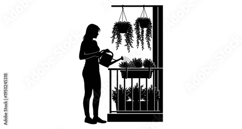 Woman watering plants on a balcony presented in a minimalist silhouette style