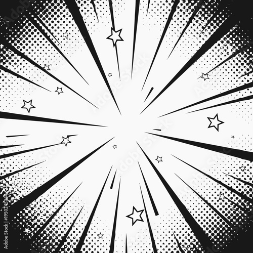 Explosion of stars and lines from a central point, vintage comic book style abstract background