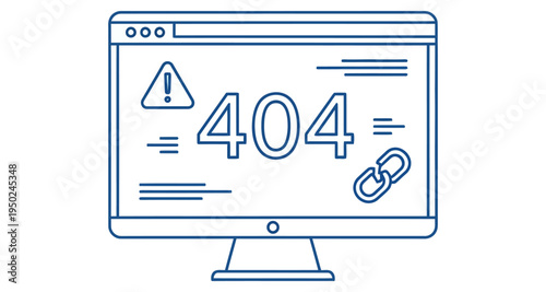 A digital illustration depicts a computer screen displaying a 404 error
