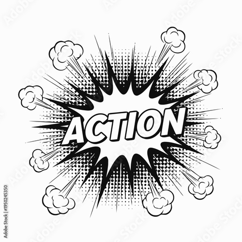 Dynamic comic book style 'ACTION' word art with explosive burst and smoke clouds, perfect for an energetic design