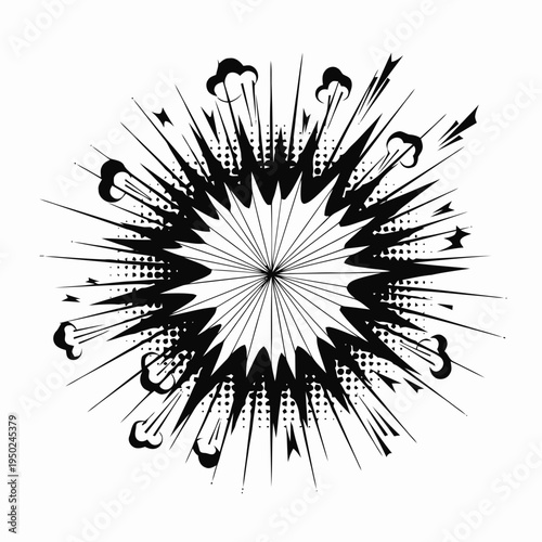 Dynamic comic book style explosion graphic with radiating lines and smoke elements illustrating a powerful impact or sudden energy release