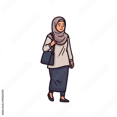 Cartoon woman wearing a hijab and carrying a bag