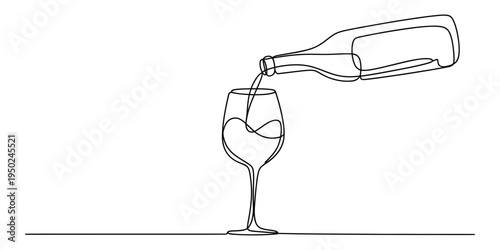 Continuous line drawing of a wine bottle pouring red wine into a stemware glass for a dinner party