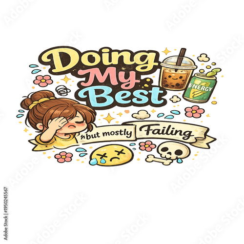 doing my best mostly failing, relatable struggle quote illustration, funny self improvement humor design, imperfect effort motivational art, honest life quote typography, relatable burnout humor illus