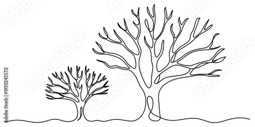 Minimalist continuous line drawing of two leafless trees of different heights standing together