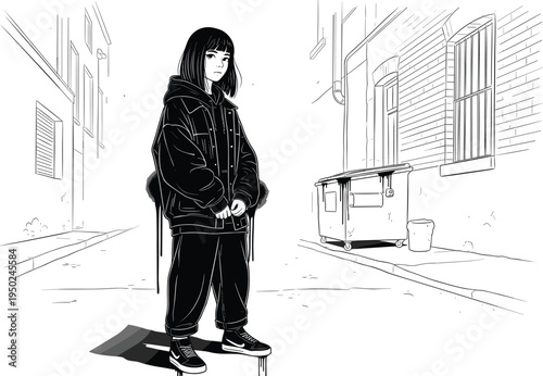 Street style vector illustration of a young person standing confidently in an urban alley, wearing a hoodie.Street style vector illustration of a young person standing confidently in an urban alley, w