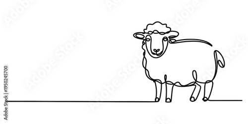 A continuous single line drawing of a fluffy sheep standing peacefully in a simple artistic style