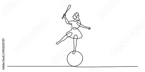 A single continuous line drawing of a circus performer balancing on a large ball holding a baton