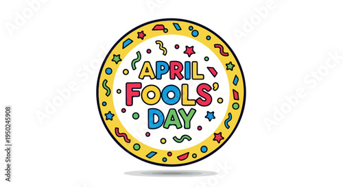 Colorful illustration of April Fools' Day text on a white background with a yellow border and decorative elements.