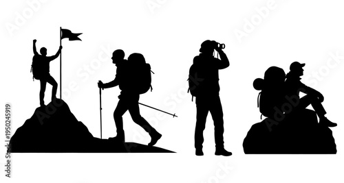 Silhouette of hikers ascending a mountain celebrating success and enjoying views