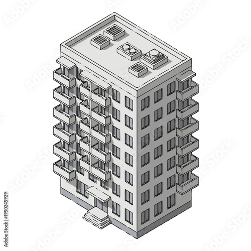 Isometric view of a multi-story residential apartment building with balconies and rooftop mechanical units.