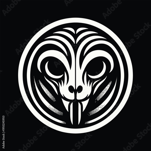 A stylized, black and white graphic design of an animal face in a circular icon set with bold lines and geometric patterns on a solid black background.