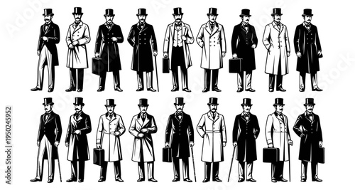 A collection of vintage gentlemen in top hats and formal attire