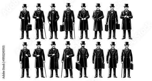 A collection of vintage formally dressed men in top hats and coats