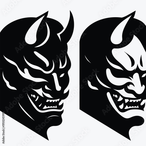 Vector illustration of two black and white devil face icons with horns on a plain white background.