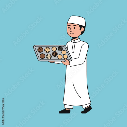 Man in traditional attire holding a tray of assorted cookies
