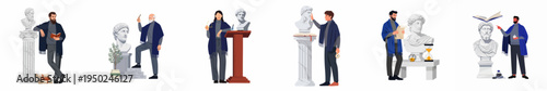 Collection of flat illustrations depicting modern scholars and students studying classical Greek and Roman philosophy, history, and art with sculptures and ancient artifacts.