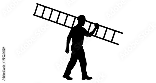 Silhouette of a worker carrying a ladder across a plain white background