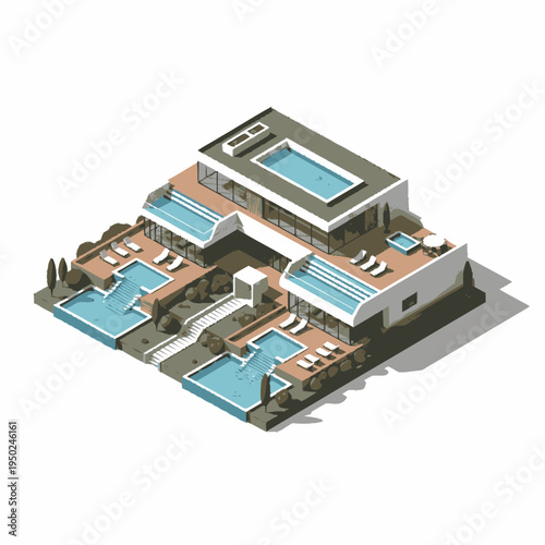 Isometric view of a luxurious modern villa with multiple swimming pools, sun loungers, and landscaped terraces, showcasing contemporary architecture and leisure amenities.