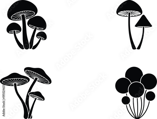 Black mushroom silhouettes vector set, abstract fungi icons, minimal botanical illustration, psychedelic toadstool shapes, modern nature design elements