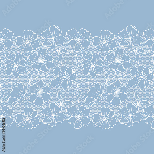 White vintage trim on blue background. Wedding white lace border. Seamless Trim Design