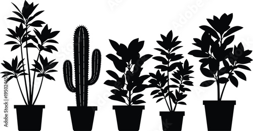 Black plant silhouettes in pots, cactus, foliage, botanical illustration, decorative houseplants, vector design, gardening, minimalist nature art