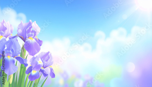 青空の下に咲く花菖蒲、アヤメ、アイリスの花 爽やかな初夏の風景と文字入れ用の広い空のコピースペース余白（こどもの日、端午の節句）