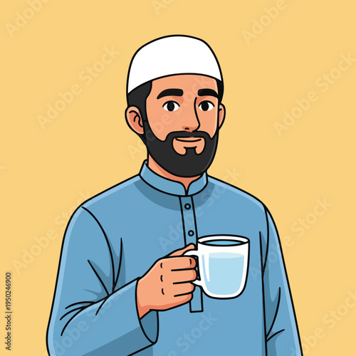 Man in traditional muslim clothing holding a cup of coffee